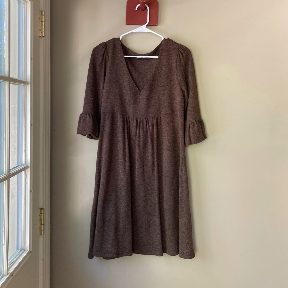 Vintage OB2-12 Brown V Neck 3/4 Ruffle Sleeved Midi Dress XL